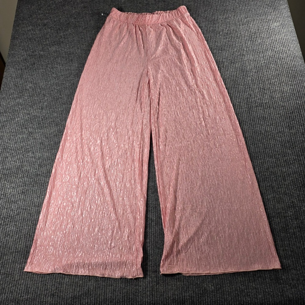 Entro Pink Plisse Wide Leg Pants Metallic Textured Elastic Waist Medium 7094